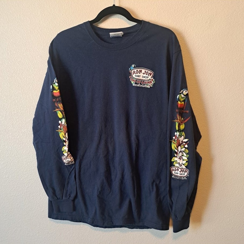 Ron Jon Surf Shop Cocoa Beach Parrot Graphic Long Sleeve T-Shirt Men Medium Blue